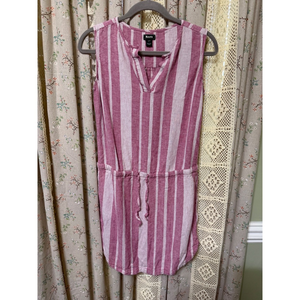 Roots Pink White Striped Linen Blend Sleeveless Dress Small Pockets Tie Waist